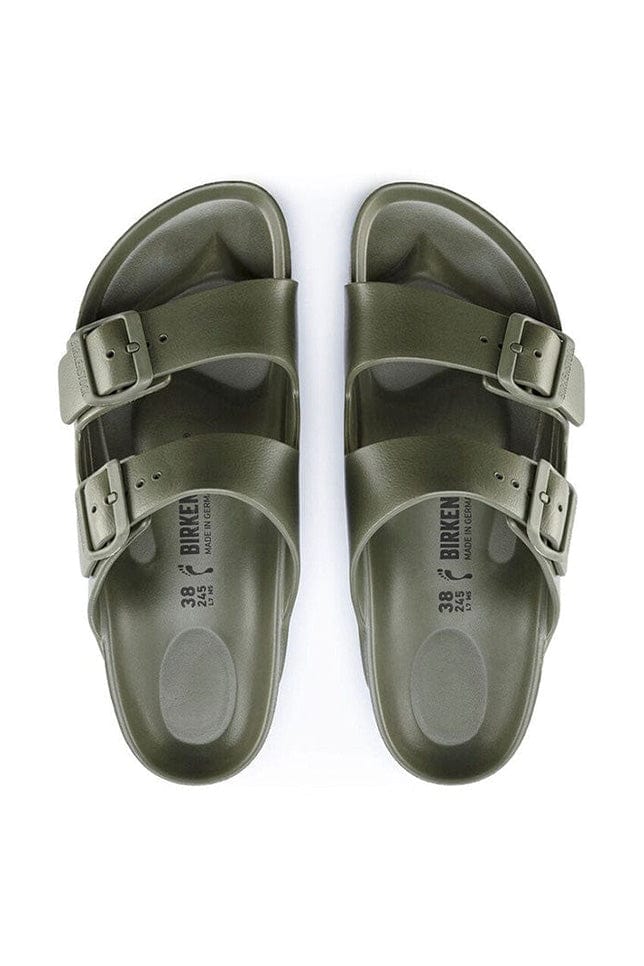 overview photo of khaki rubber flat sandal with 2 adjustable straps over the arch