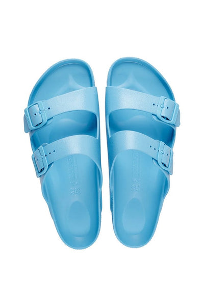 overview image of sky blue rubber beach sandals with 2 adjustable straps over the arch of the foot