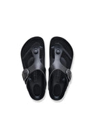 A pair of black silicone slide sandals shown from a top-down view on a clean white background.