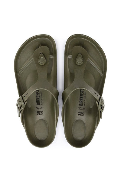 overview photo of the khaki rubber flat beach sandal with T bar support and adjustable sides