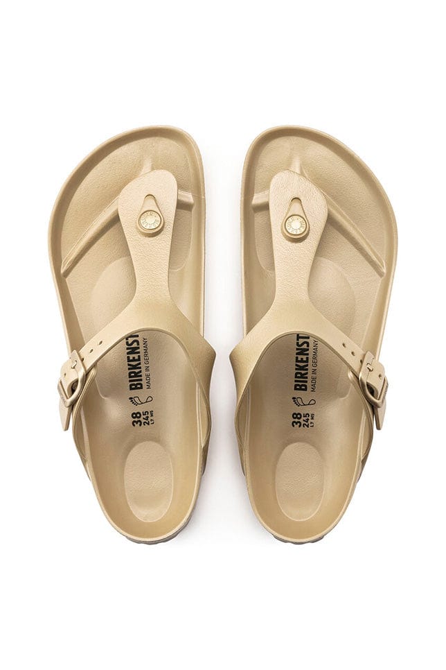 overview image of gold T bar flat rubber sandal