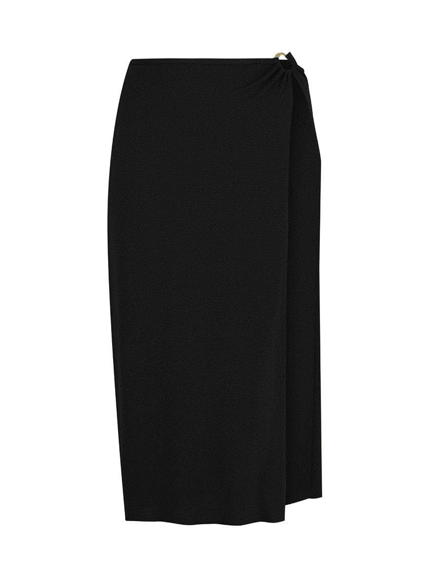 Black midi skirt with gold buckle in honeycomb textured fabric
