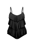 Ghost mannequin black ruffle one piece swimsuit