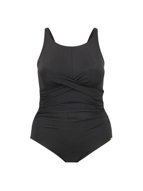 Chlorine Resistant Black High Neck Twist Front One Piece