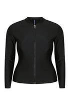 ghost mannequin image of a long sleeve zip front rash vest in plain black