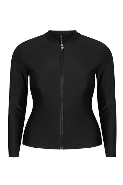 ghost mannequin image of a long sleeve zip front rash vest in plain black