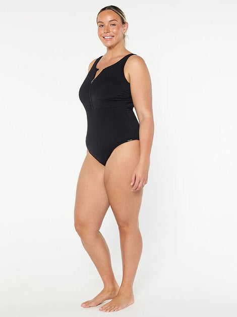 Chlorine Resistant Luxe Sport Black Sleeveless Zip Front One Piece