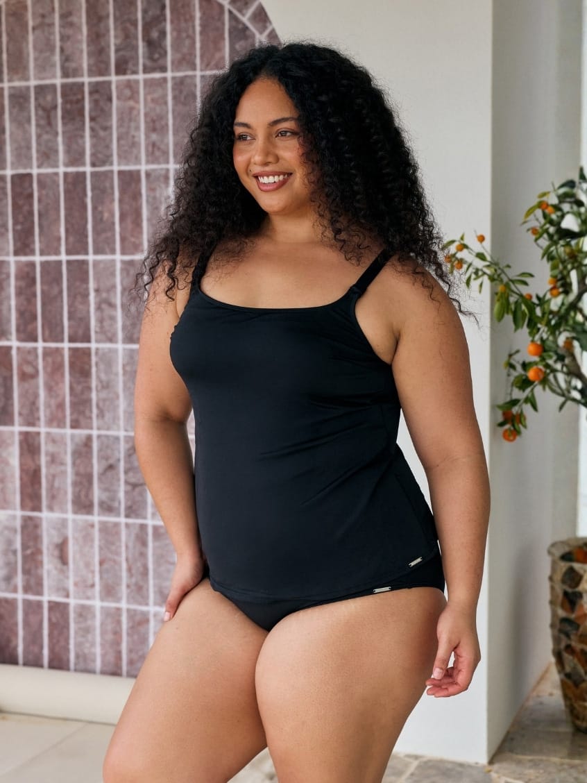 Model showing of chlorine resistant tank tankini top with little detail on straps
