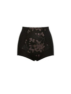 Black high-waisted shorts with floral pattern on a white background