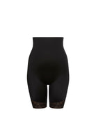 Black shapewear shorts with lace trim on a white background