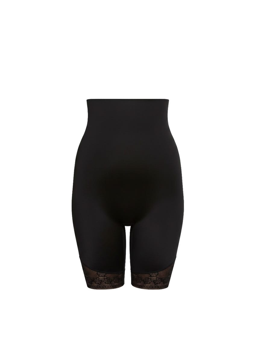 Black shapewear shorts with lace trim on a white background