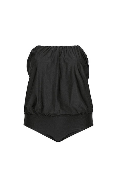 Ghost mannequin black flouncy bandeau one piece