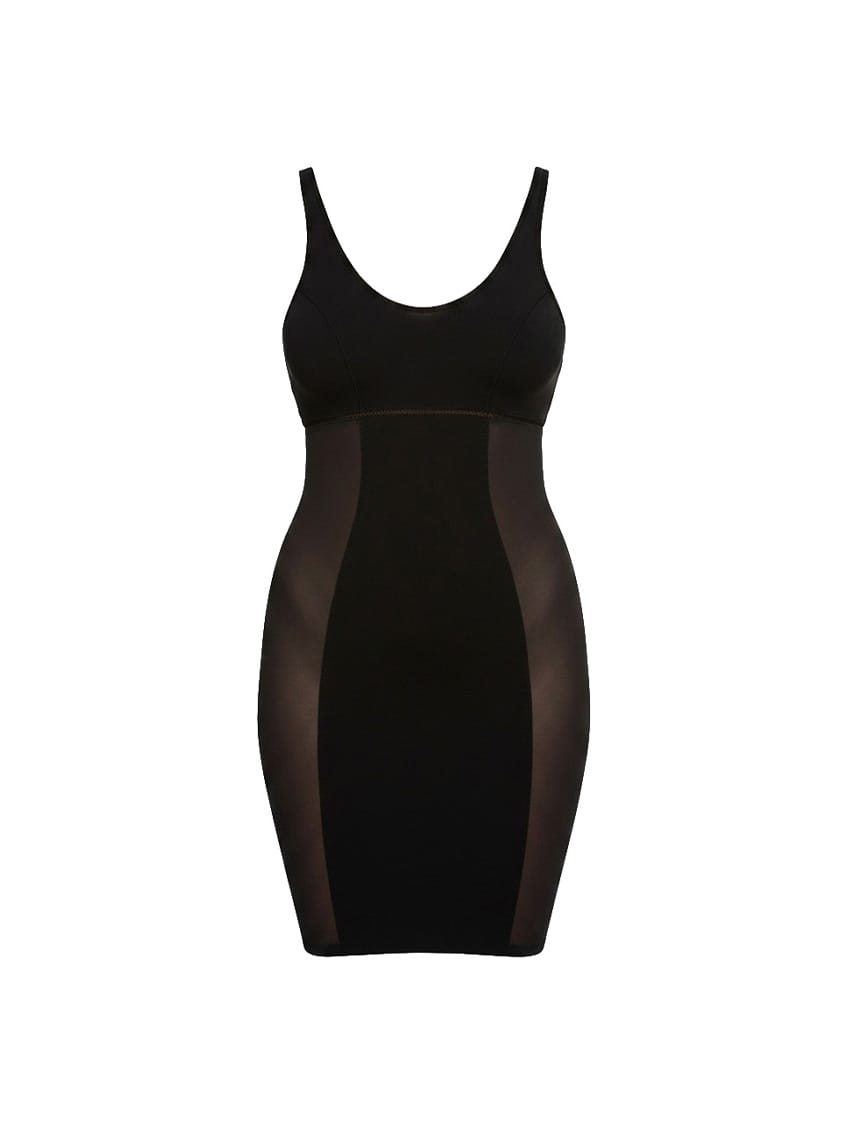 Black dress with sheer panels on a white background
