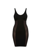 Black dress with sheer panels on a white background
