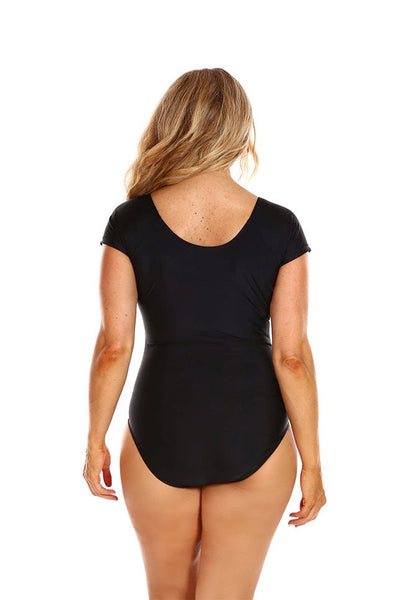 Black Short Sleeve Tie Front One Piece Swimwear