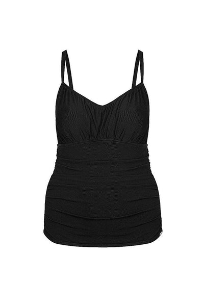 ghost mannequin of black textured underwire tankini top with adjustable back straps
