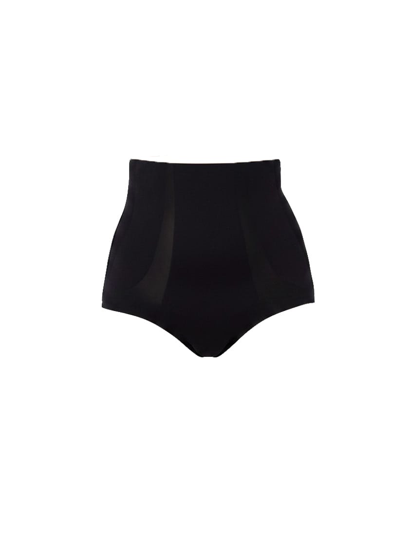 Black high-waisted briefs on a white background