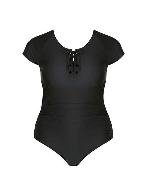 Black Short Sleeve Tie Front One Piece