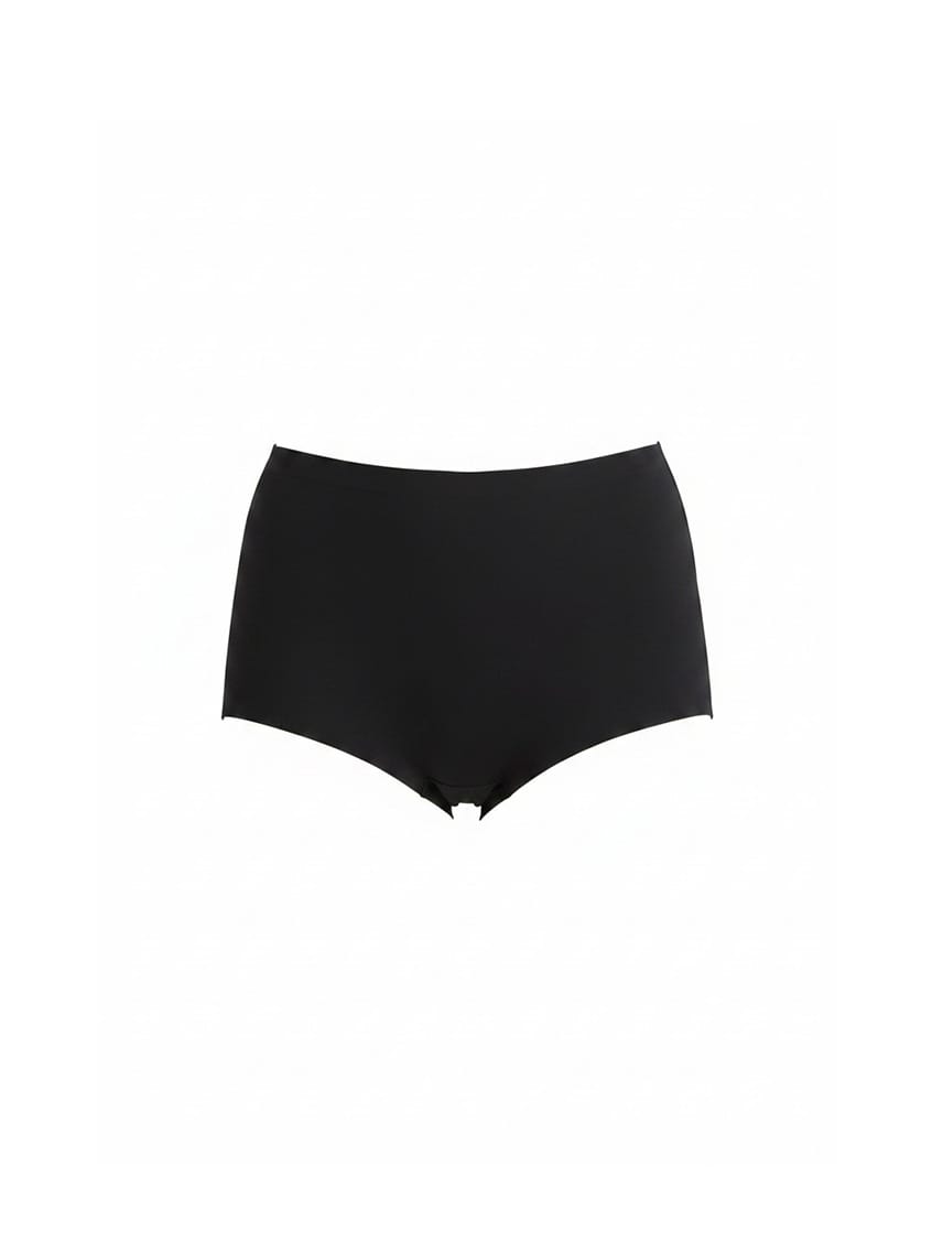 Black high-waisted bikini bottom on a white background