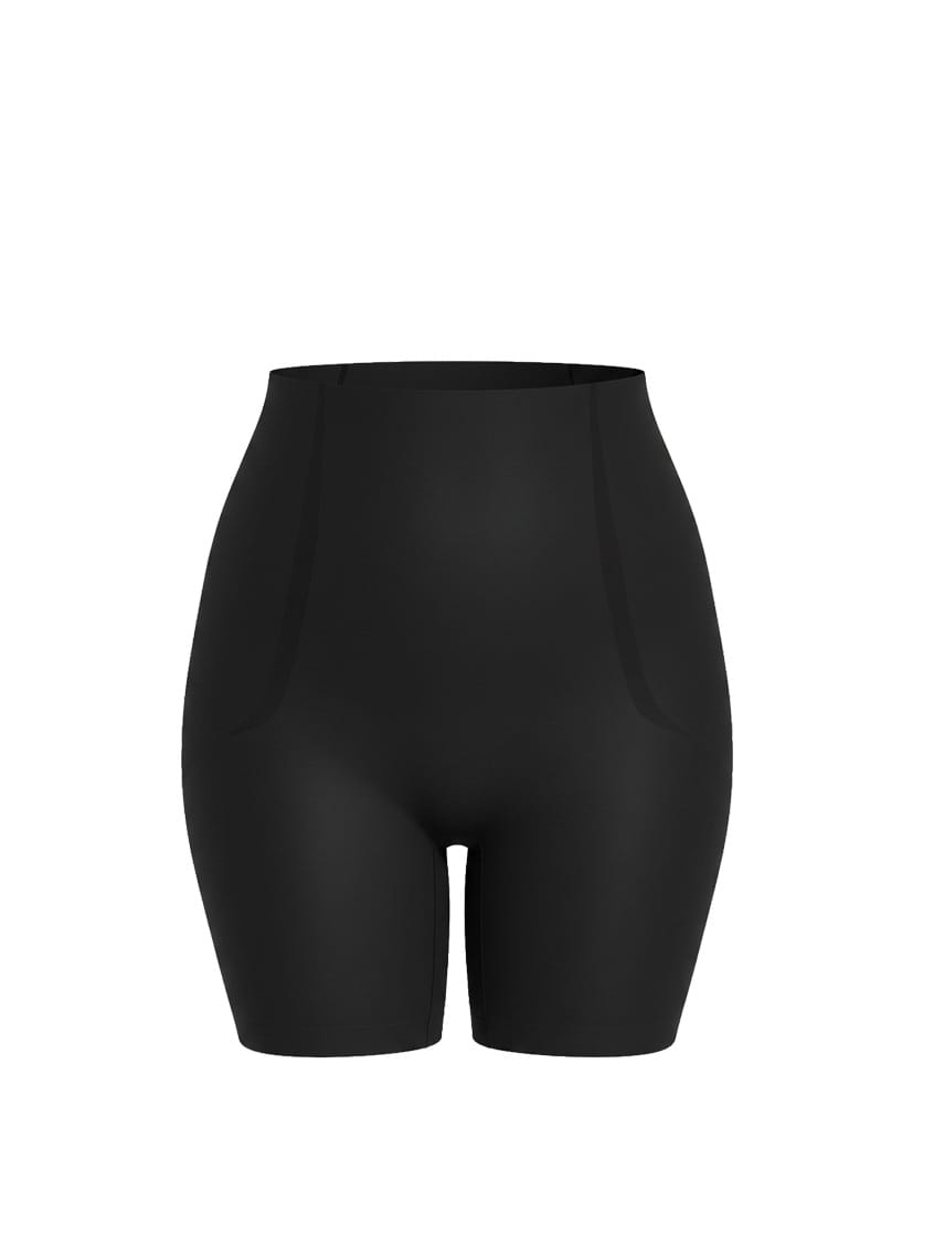 Black high-waisted shorts on a white background
