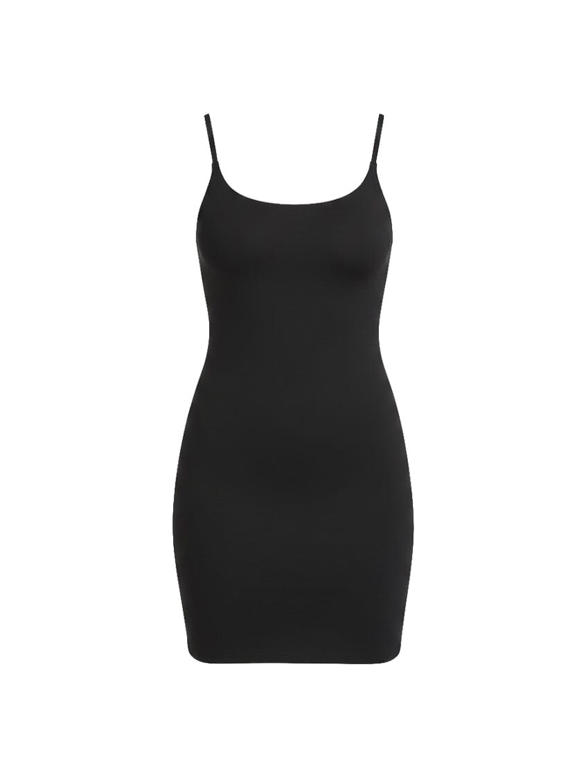 Black slip dress on a white background