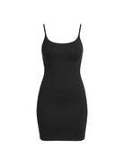 Black slip dress on a white background