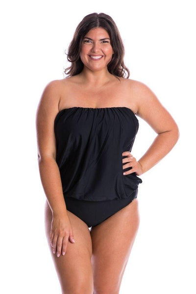 Brunette model wearing plus size bandeau one piece in flattering bandeau style Australia