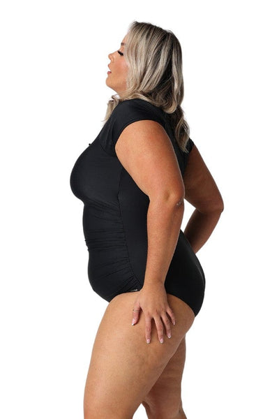 Model showing side of black short sleeve tie front one piece
