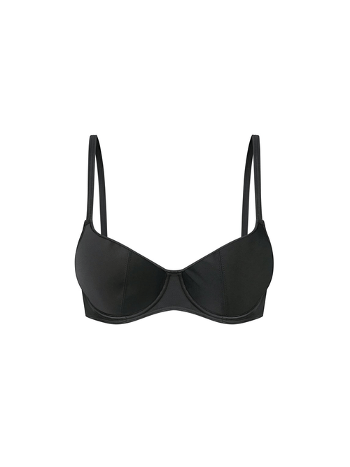 ghost mannequin image of a black underwire bikini top with adjustable straps