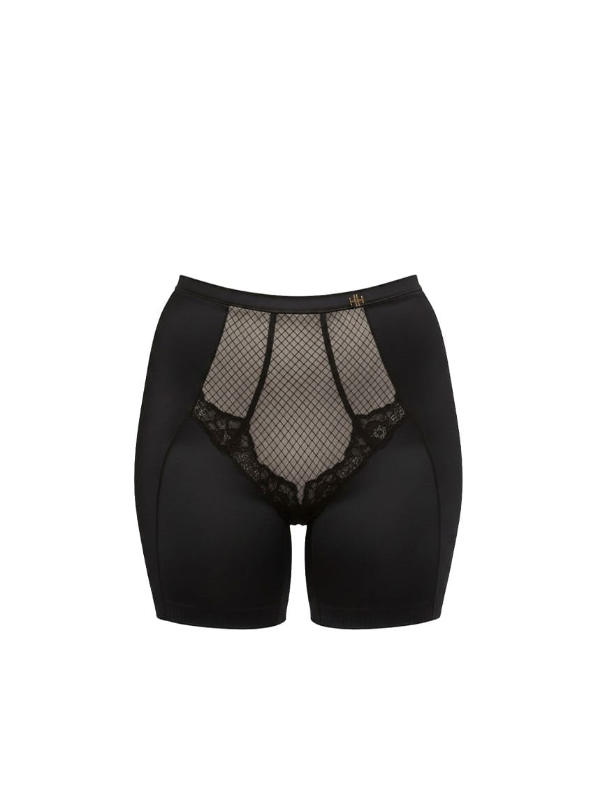 Black shapewear with mesh and lace details on a white background