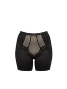 Black shapewear with mesh and lace details on a white background