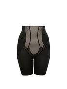 Black high-waisted shorts with fishnet and lace details on a white background