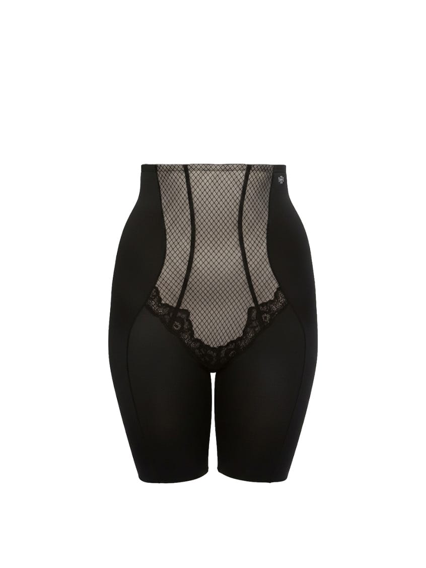 Black high-waisted shorts with fishnet and lace details on a white background