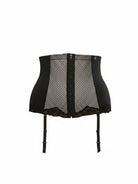 Black corset with mesh panels and straps on a white background
