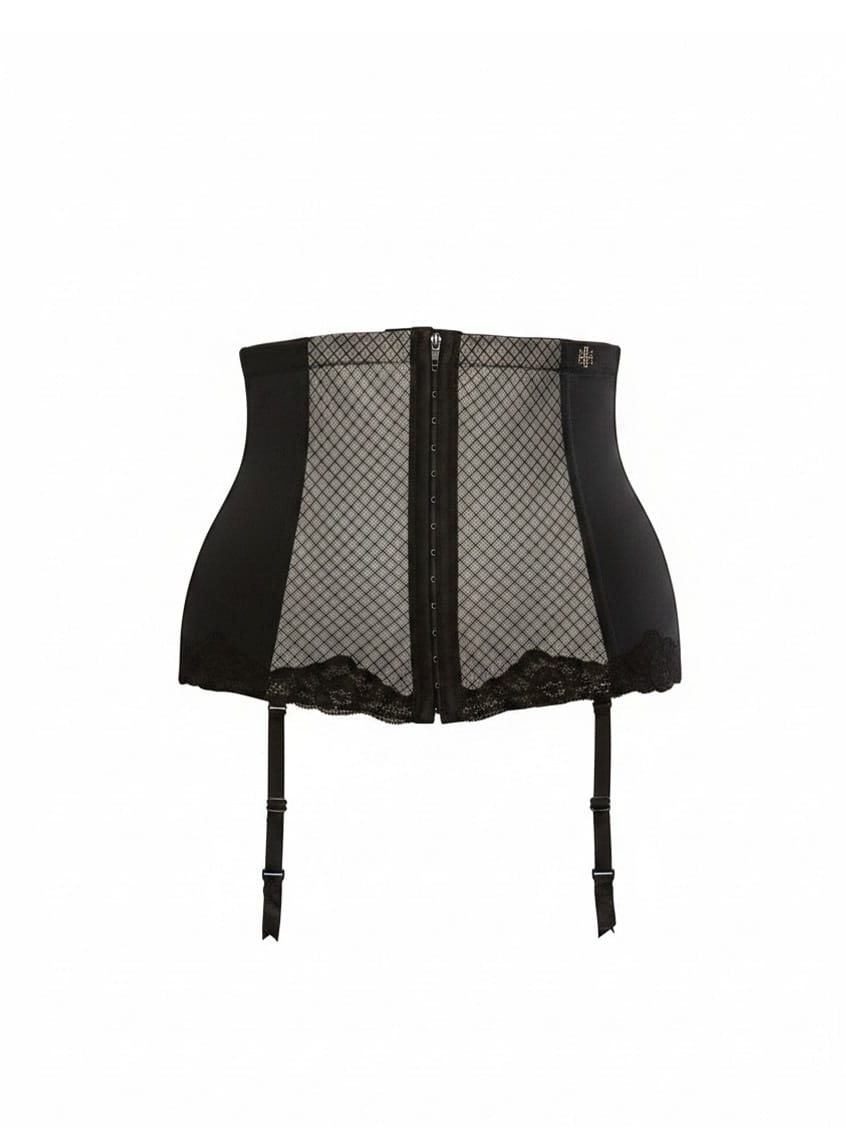 Black corset with mesh panels and straps on a white background