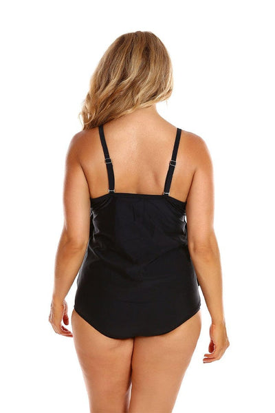 Model showing back of black tankini swim top