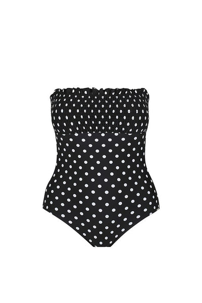 Ghost mannequin of black and white shirred one piece for curve women