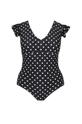 Black and White Dots V Neck Frill One Piece