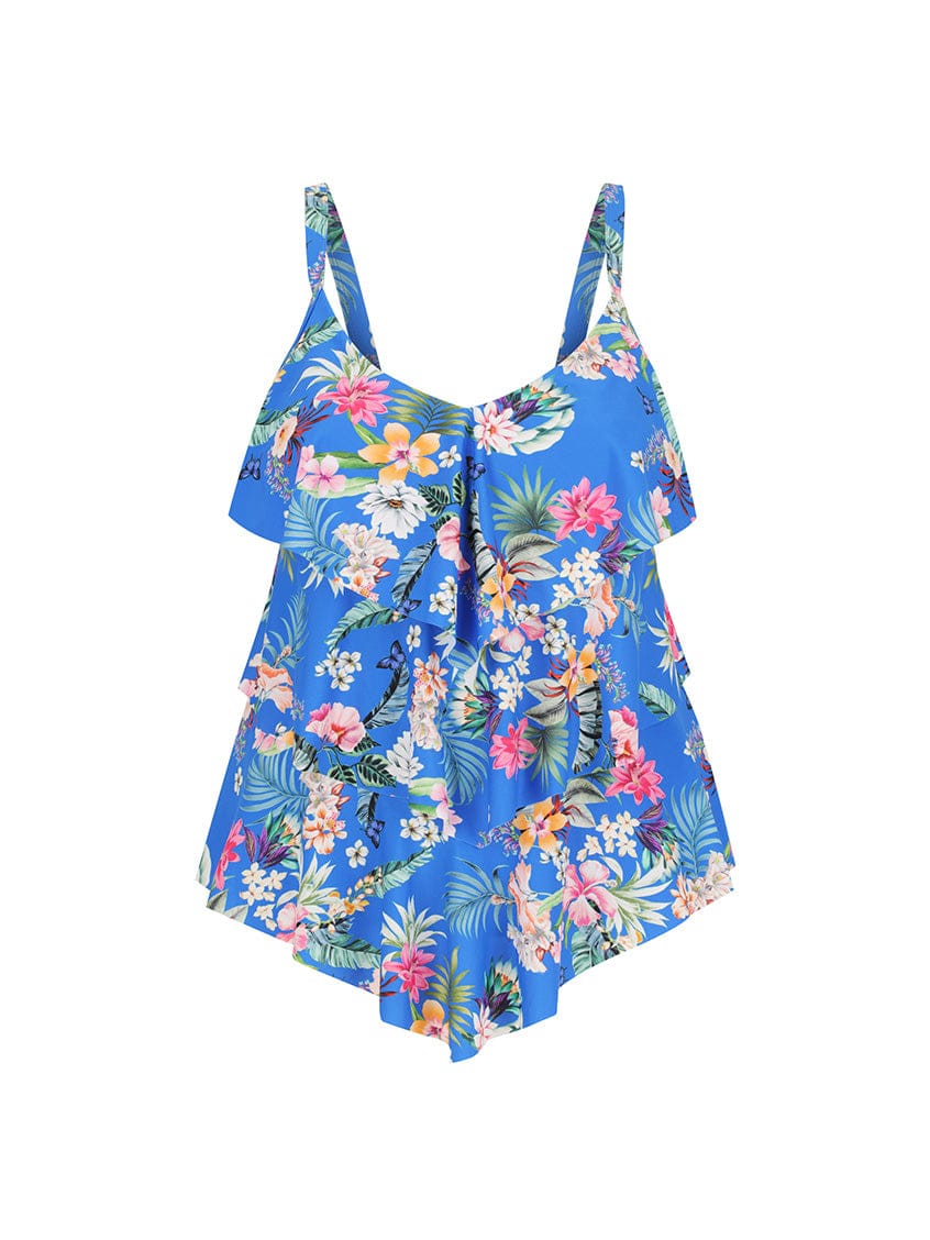 Ghost mannequin of blue floral tiered tankini top with shelf bra