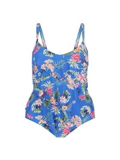 Ghost mannequin of floral blue tankini top with 3 tiers