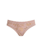 Pink lace underwear with floral embroidery on a white background