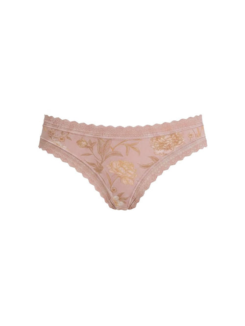 Pink lace underwear with floral embroidery on a white background