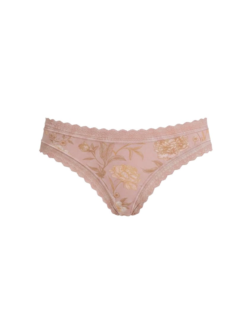 Pink lace underwear with floral embroidery on a white background