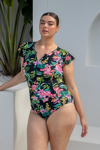 Plus size woman wearing bora bora frill sleeve one piece with zip front
