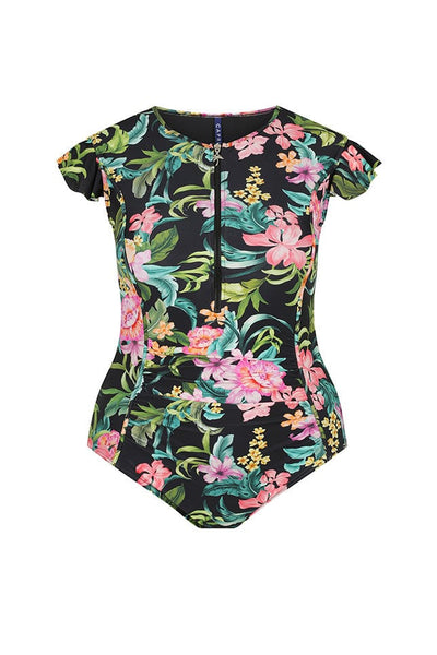 Ghost mannequin wearing floral and black printed frill sleeve one piece 