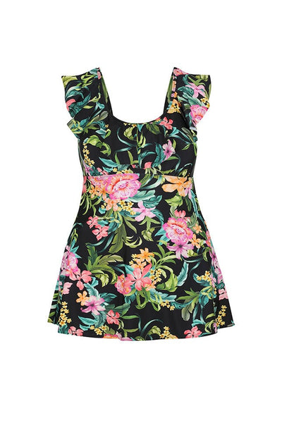 Ghost mannequin wearing floral and black printed wide strap frill sleeve swim dress
