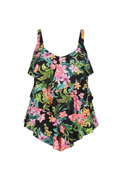 Ghost mannequin wearing floral and black printed three tiered thrill tankini top