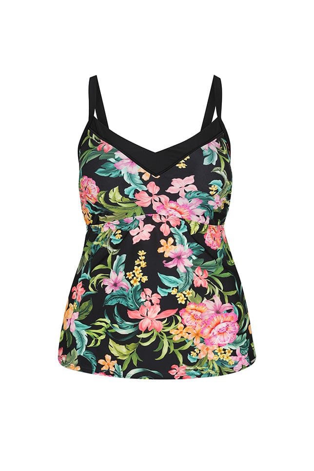 Ghost mannequin wearing floral and black printed underwire tankini top
