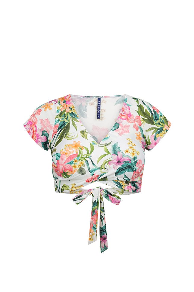 Ghost mannequin white floral wrap crop top