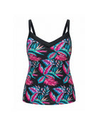 Tankini top with tropical leaf pattern on a white background